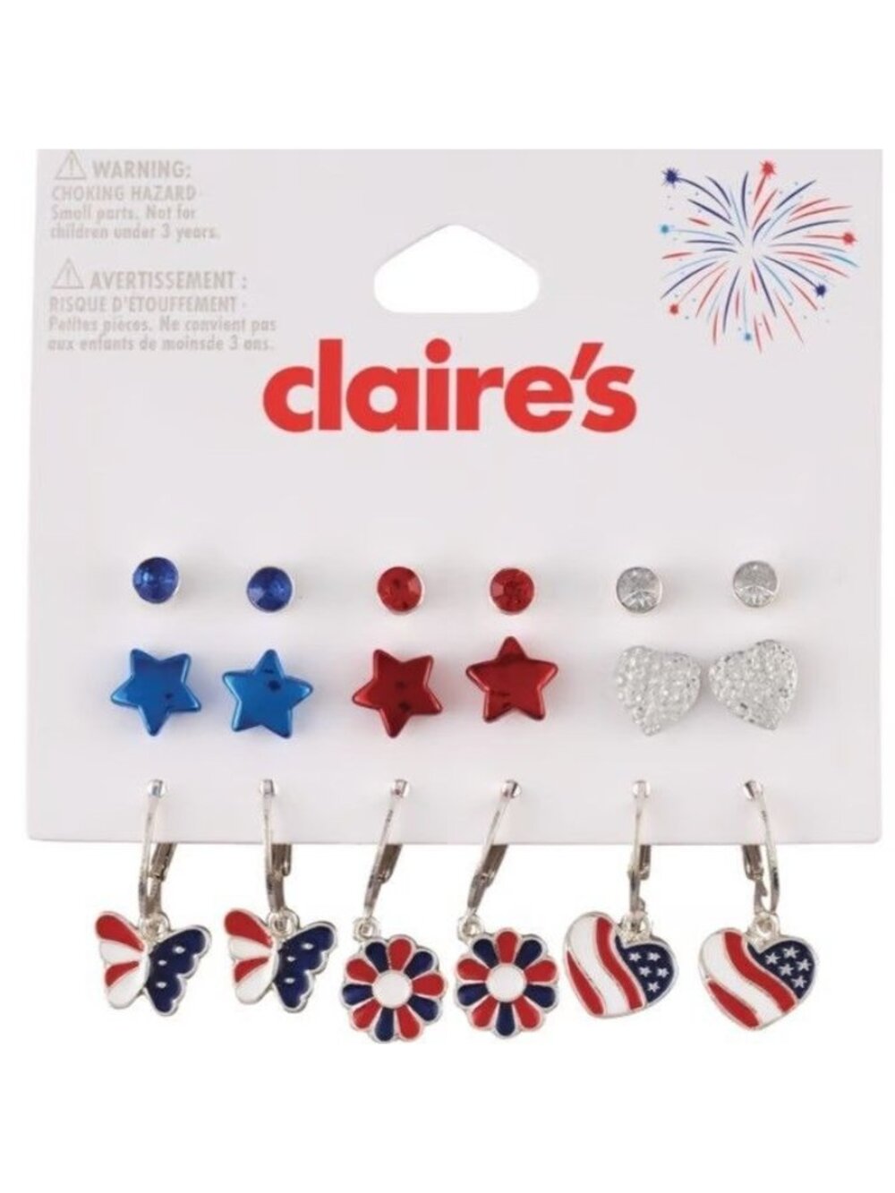 Claires 9 Earrings Stainless Steel Star Butterfly Flower Heart Red White Blue